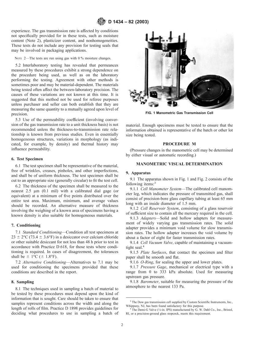 D 1434C82 R03 Standard Test Method for Determining Gas Permeability Characteristics of Plastic Film and Sheeting2ҳ