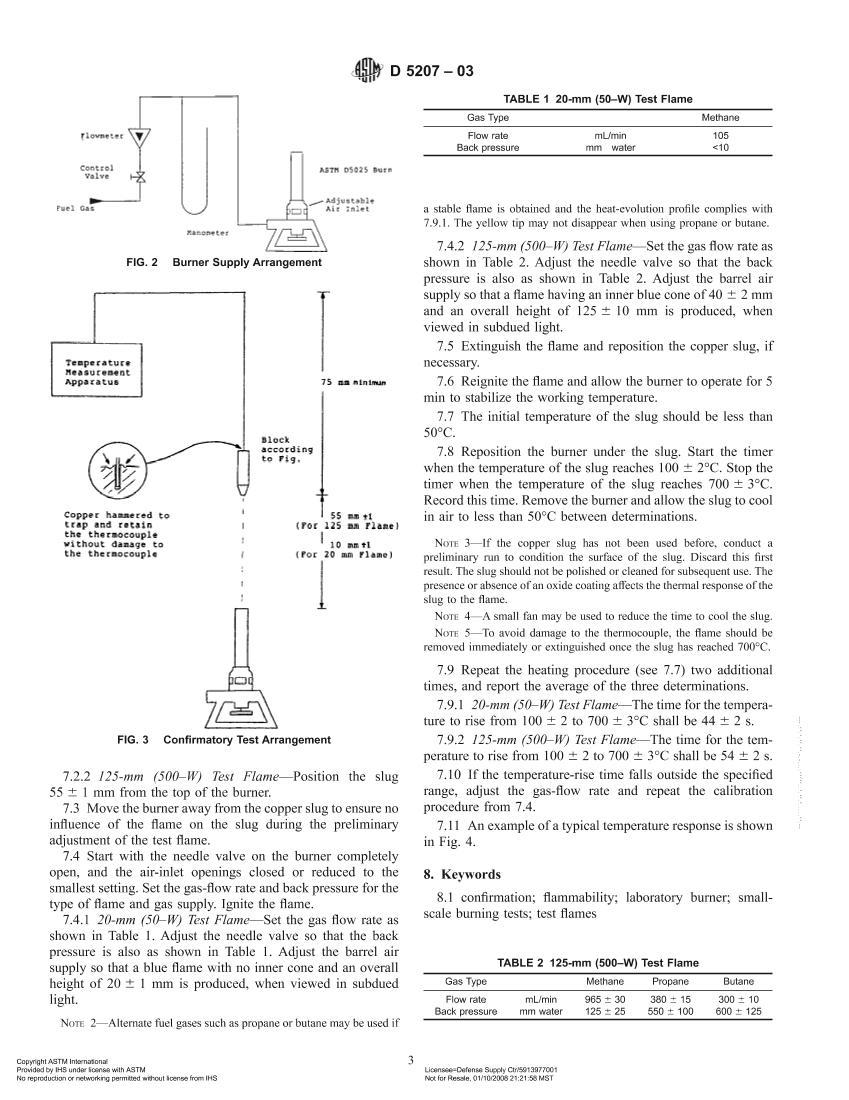 ASTMD5207-2003 Standard Practice for Confirmation of 20Cmm (50CW) and 125Cmm (500CW) Test Flames for Small-Scale Burning Tests on Plastic Materials3ҳ