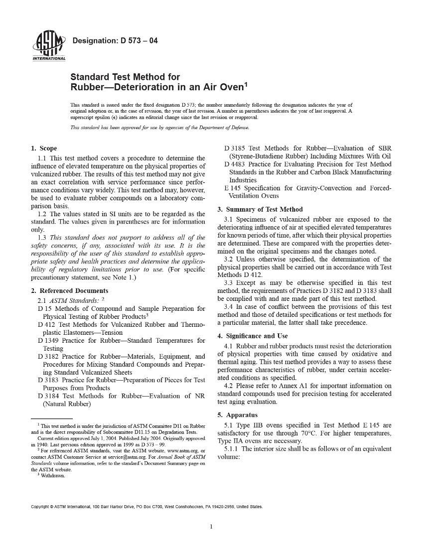 D 573-2004 standard test method for rubber-deterioration in an air oven1ҳ