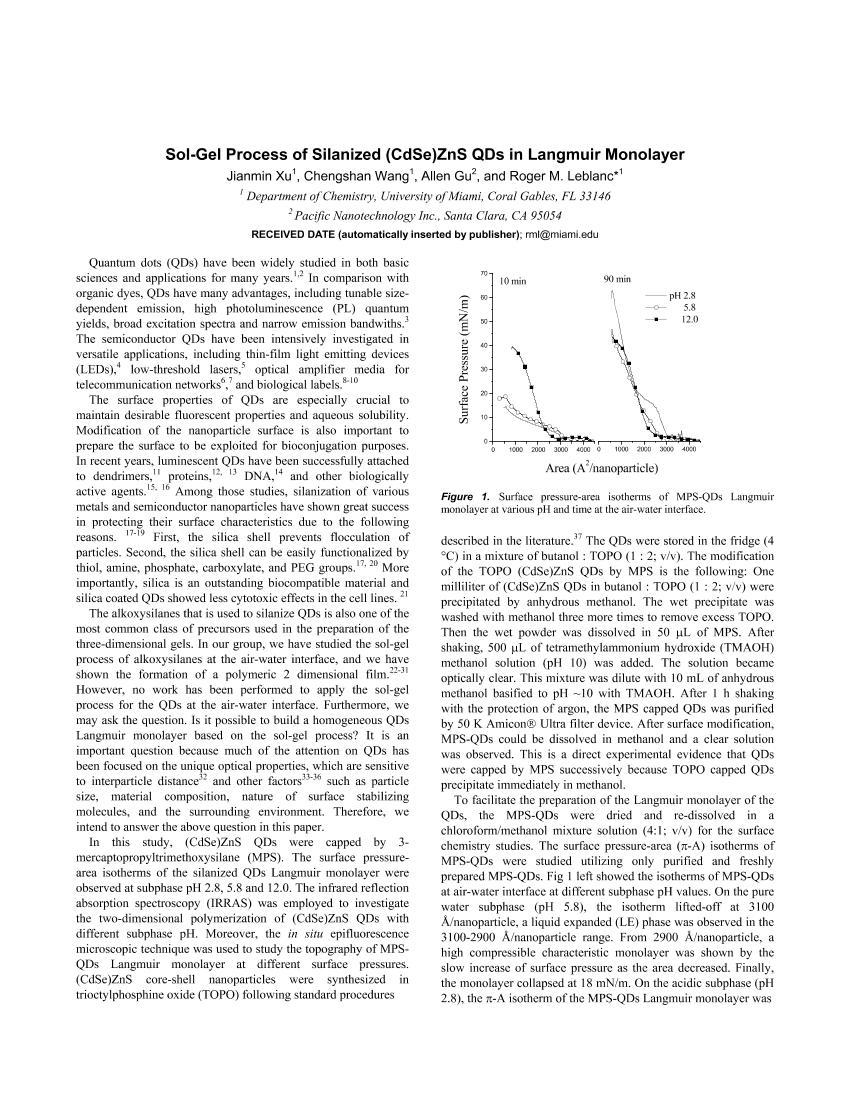 Sol-Gel Process of Silanized (CdSe)ZnS QDs in Langmuir Monolayer1ҳ