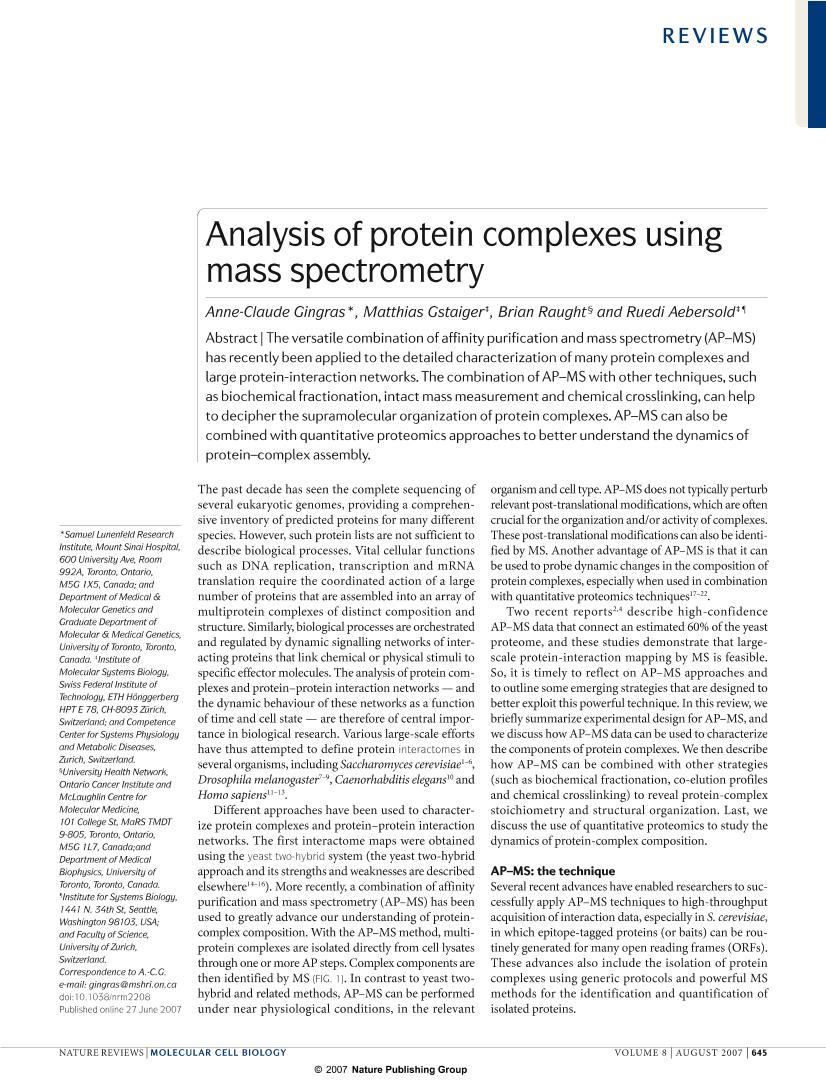 Analysis of protein complexes using mass spectrometry1ҳ