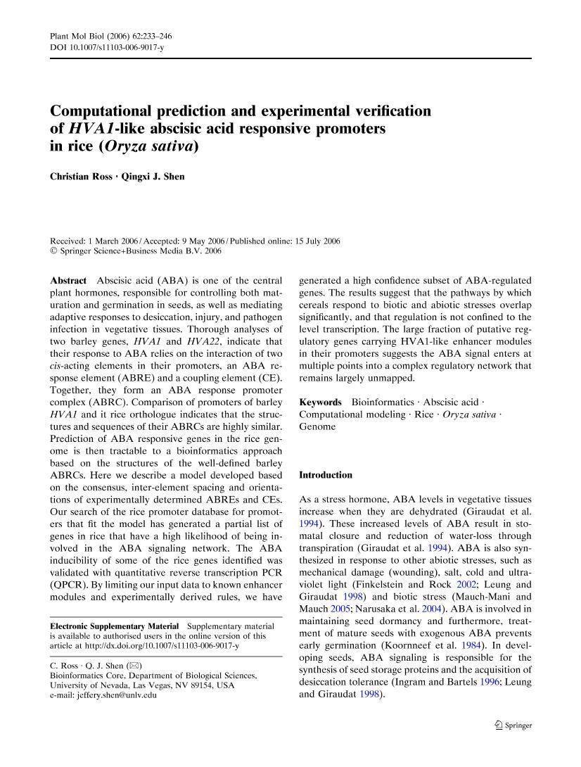 Computational Prediction and Experimental Verification of HVA1-like Abscisic Acid Responsive Promote1ҳ