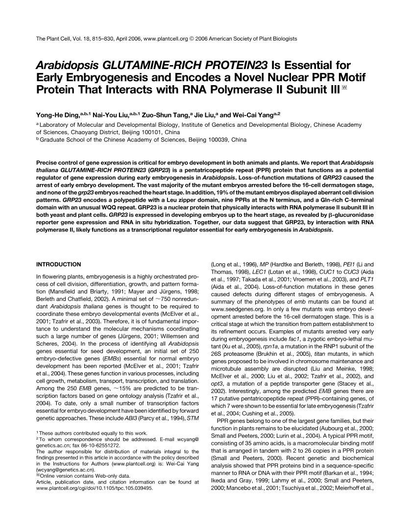 Arabidopsis GLUTAMINE-RICH PROTEIN23 Is Essential for Early Embryogenesis and Encodes a Novel Nuclea1ҳ
