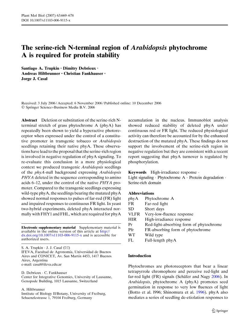 The serine-rich N-terminal region of Arabidopsis phytochrome A is required for protein stability1ҳ