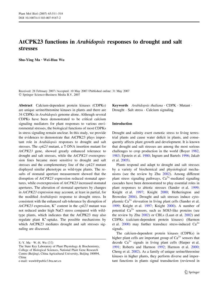 AtCPK23 functions in Arabidopsis responses to drought and salt stresses1ҳ