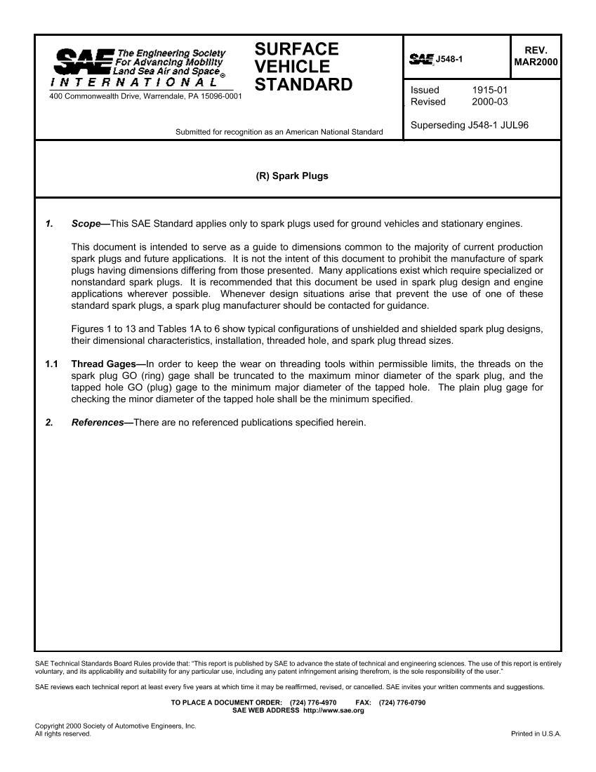 SAE J548-1 (R) Spark Plugs1ҳ