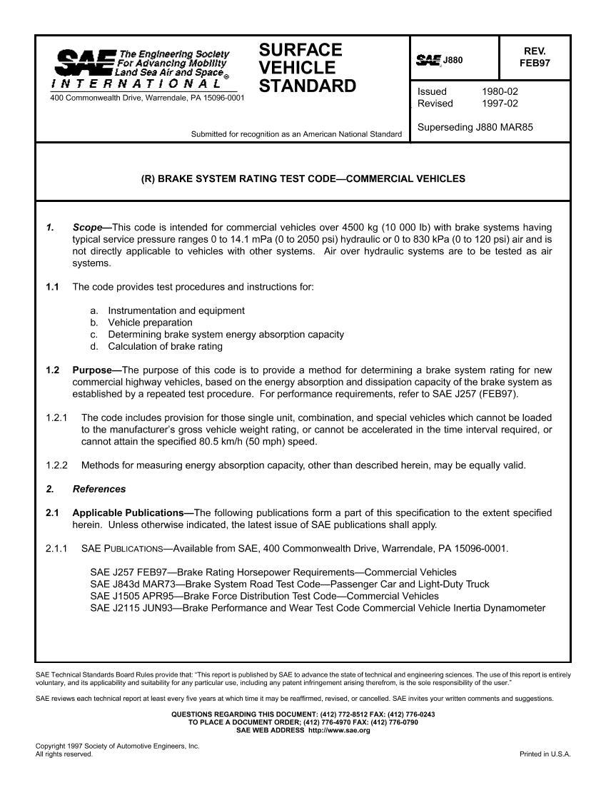 SAE J880 (R) BRAKE SYSTEM RATING TEST CODECOMMERCIAL VEHICLES1ҳ