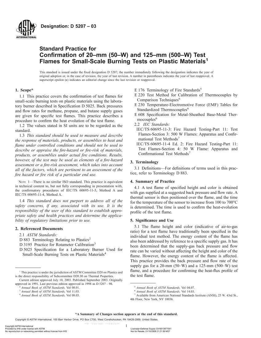 ASTMD5207-2003 Standard Practice for Confirmation of 20Cmm (50CW) and 125Cmm (500CW) Test Flames for Small-Scale Burning Tests on Plastic Materials1ҳ