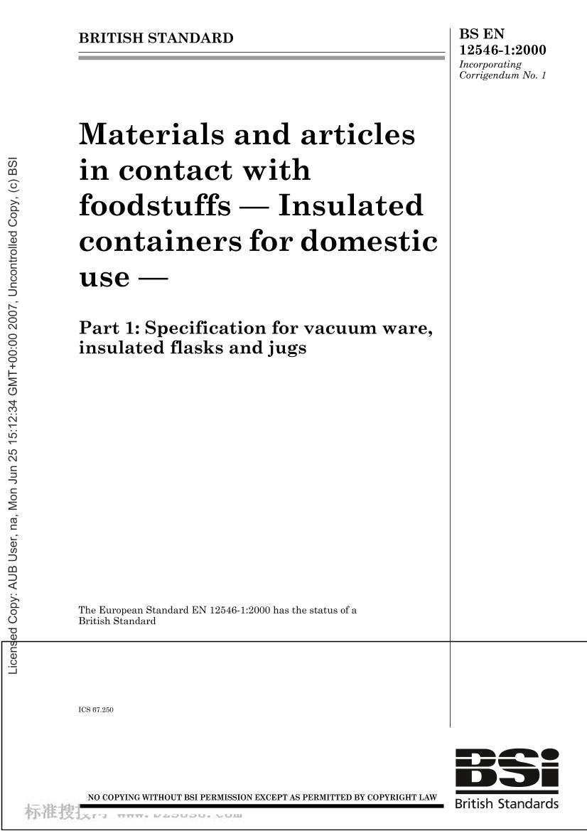 BS EN 12546-1-2000 Materials and articles in contact with foodstuffs  Insulated containers for domestic use  Part 1 Specification for vacuum ware, insulated f1ҳ