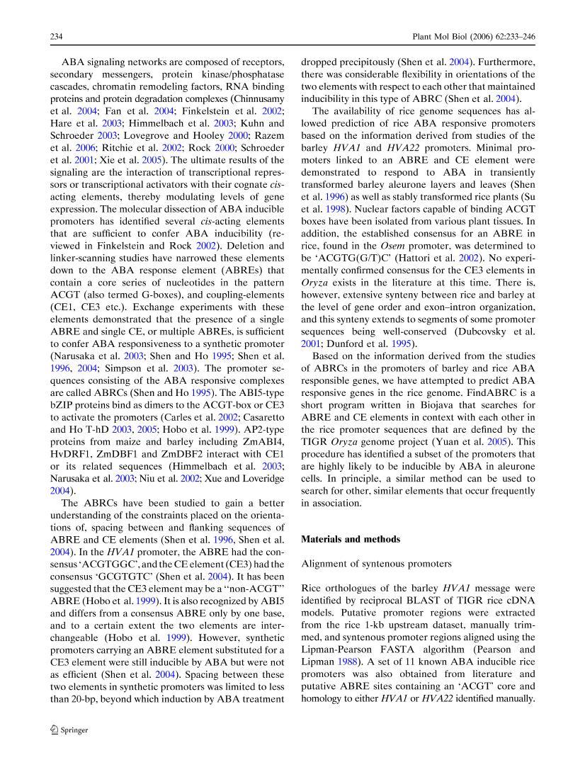 Computational Prediction and Experimental Verification of HVA1-like Abscisic Acid Responsive Promote2ҳ