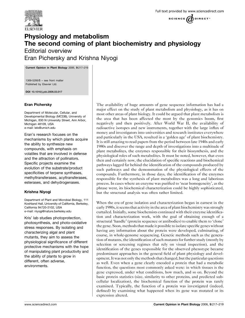 Physiology and metabolism The second coming of plant biochemistry and physiology1ҳ