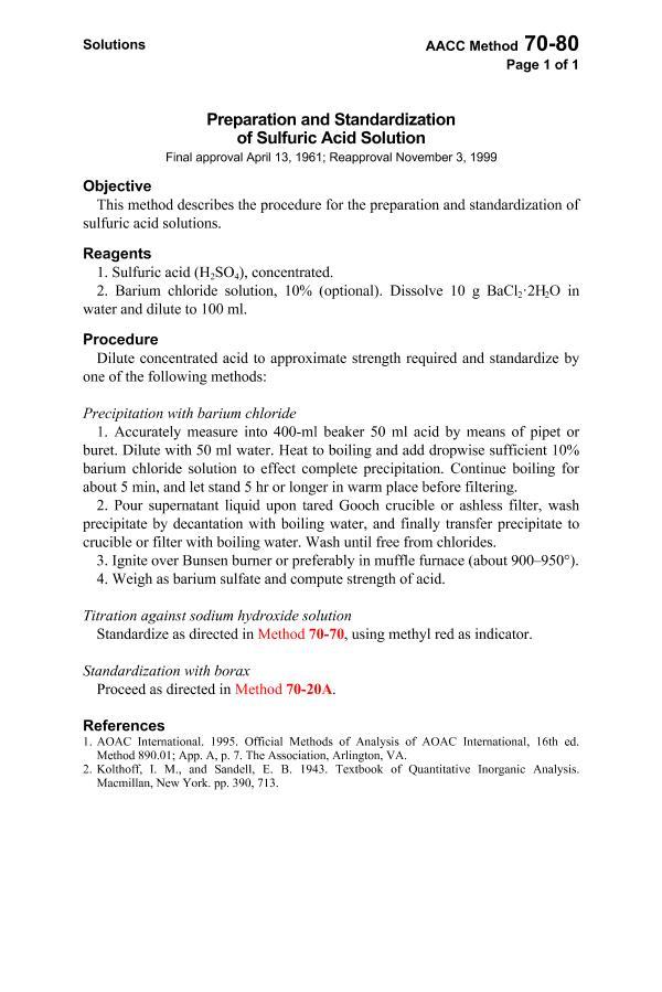 AACC 70-80 Preparation and Standardization of Sulfuric Acid Solution1ҳ