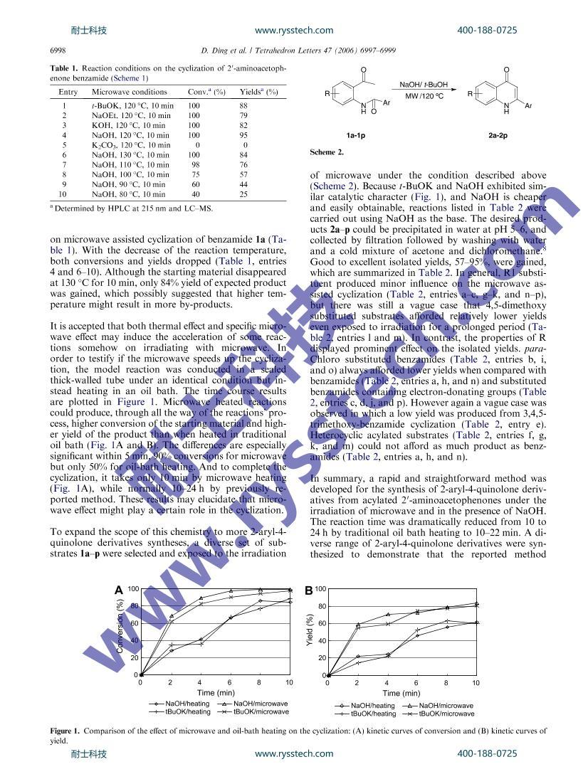 Microwave-assisted rapid and straightforward synthesis of 2-aryl-4-quinolones from acylated 20-aminoacetophenones throhgh Biotage InitiatorʿƼ2ҳ