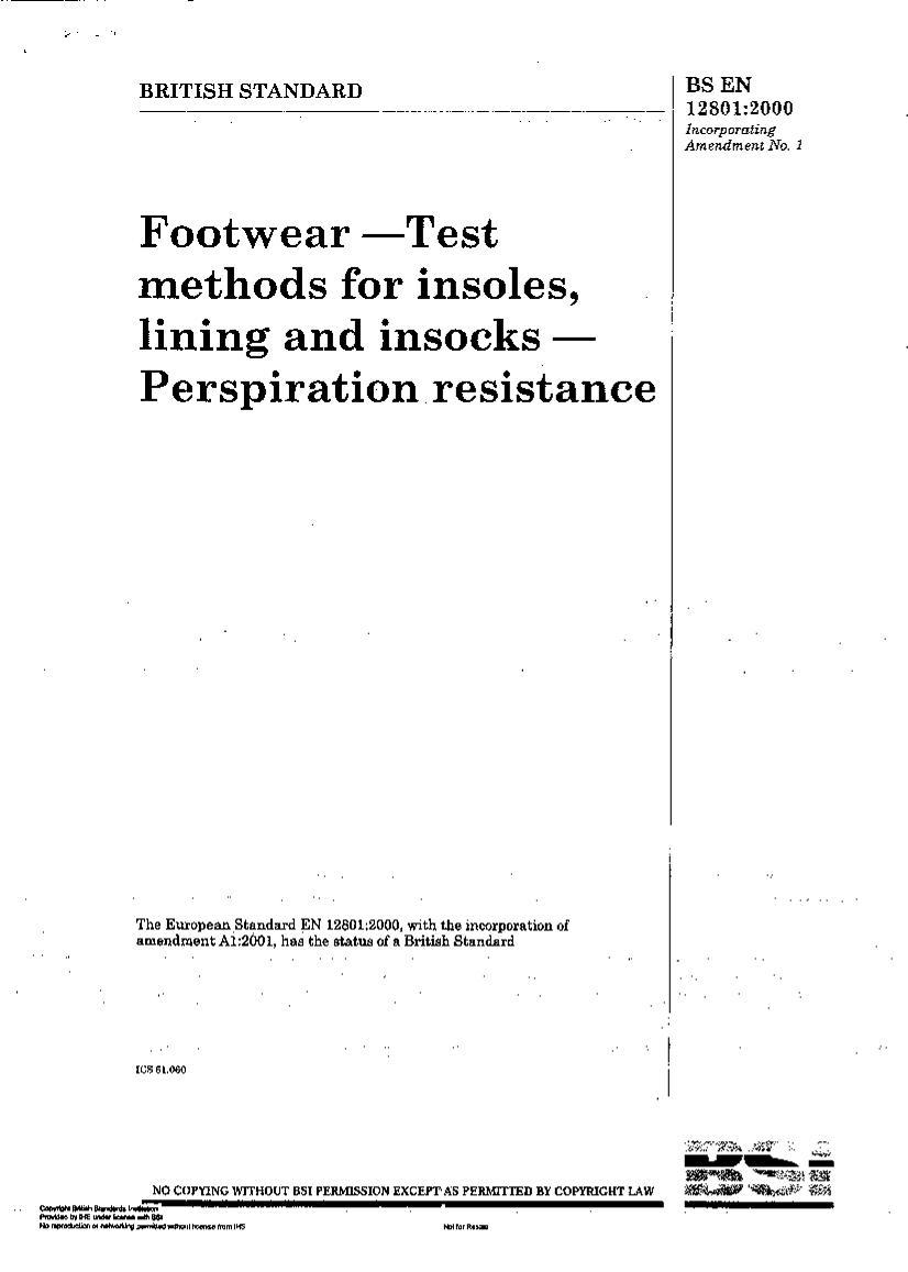 BS EN 12801-2000 A1-2001 Footwear - Test methods insoles lining insocks - Perspiration resistance1ҳ