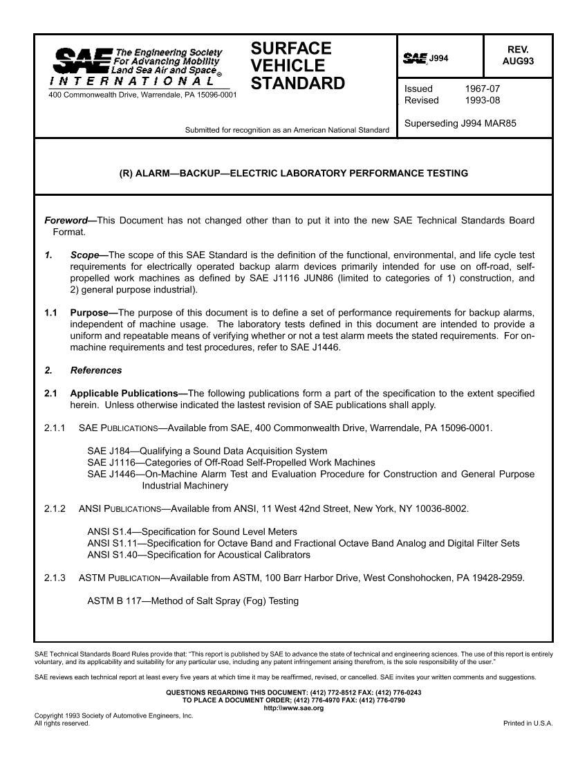 SAE J994 (R) ALARMBACKUPELECTRIC LABORATORY PERFORMANCE TESTING1ҳ
