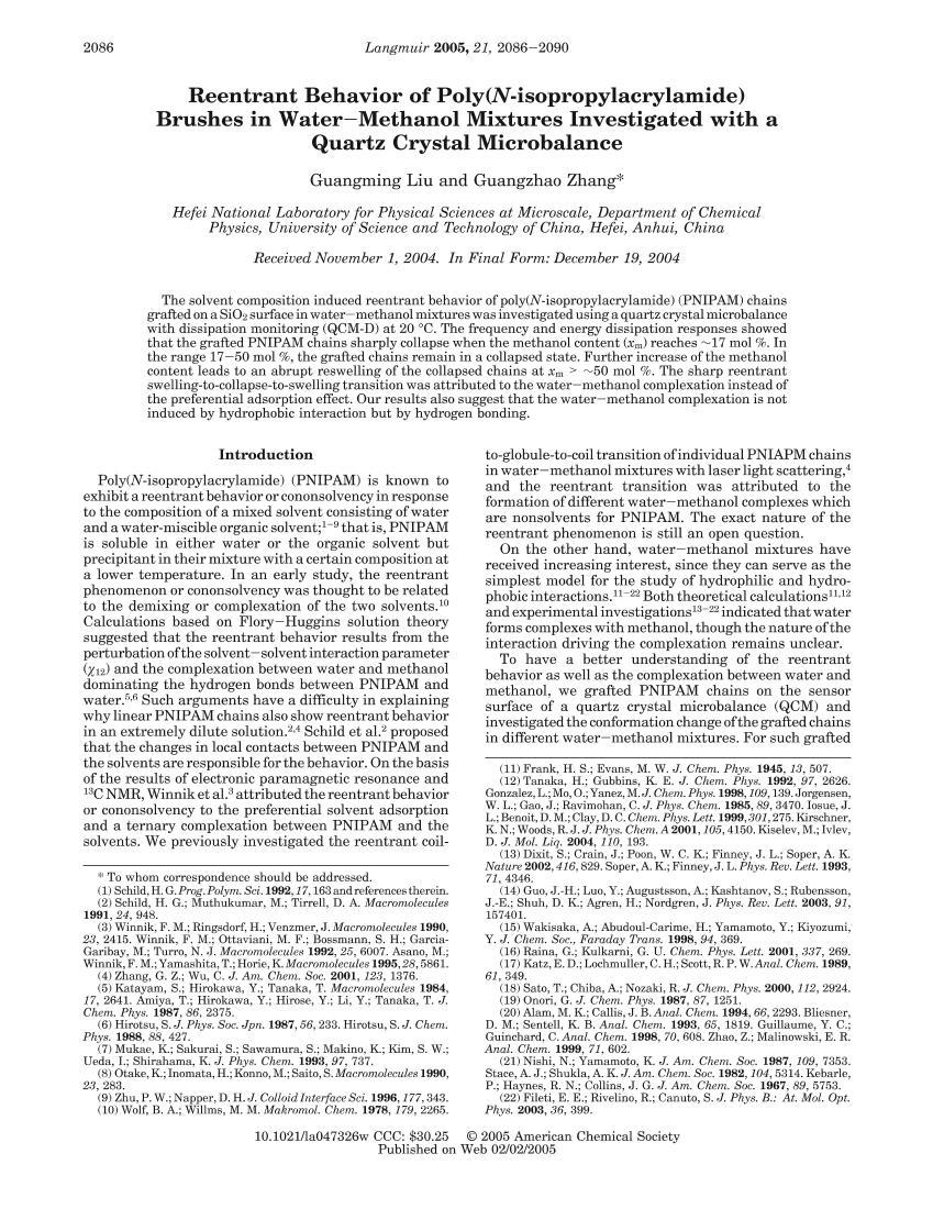 Reentrant Behavior of Poly(N-isopropylacrylamide) Brushes in Water-Methanol Mixtures Investigated with a Quartz Crystal Microbalance1ҳ