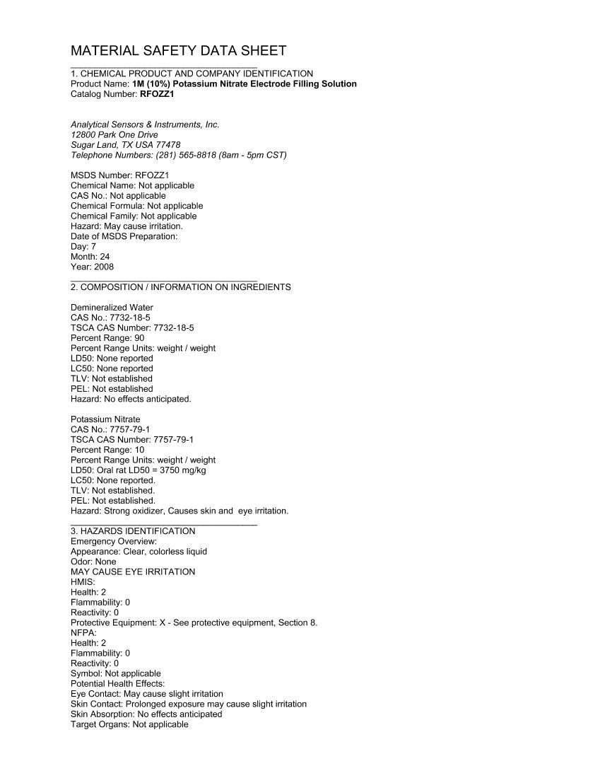 MSDS for KNO3 filling solution1ҳ