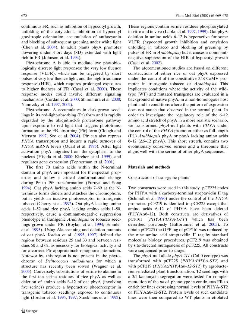 The serine-rich N-terminal region of Arabidopsis phytochrome A is required for protein stability2ҳ