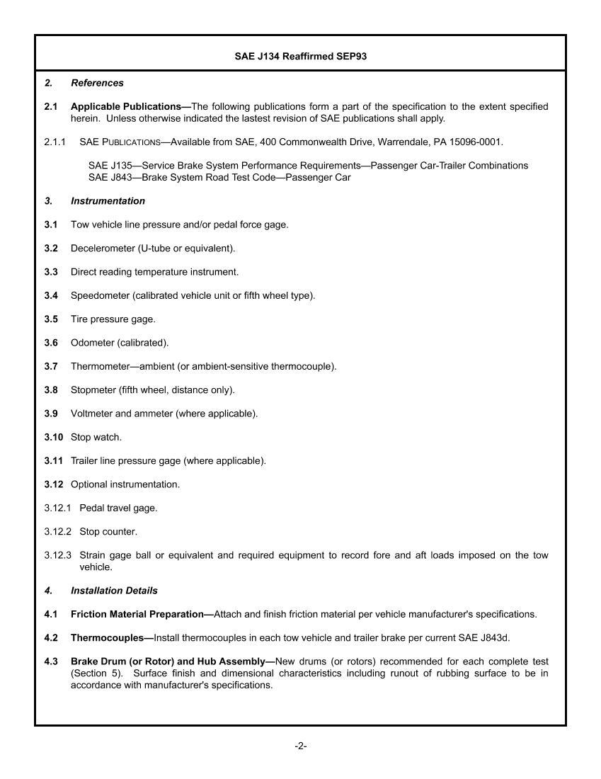 SAE J134 BRAKE SYSTEM ROAD TEST CODEPASSENGER CAR AND LIGHT-DUTY TRUCK-TRAILER COMBINATIONS2ҳ