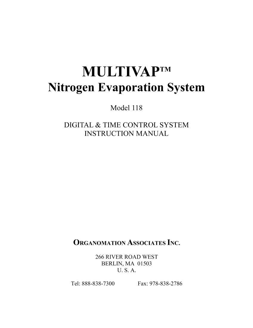 Nitrogen Evaporation System    Model 118    DIGITAL & TIME CONTROL SYSTEM  INSTRUCTION MANUAL1ҳ