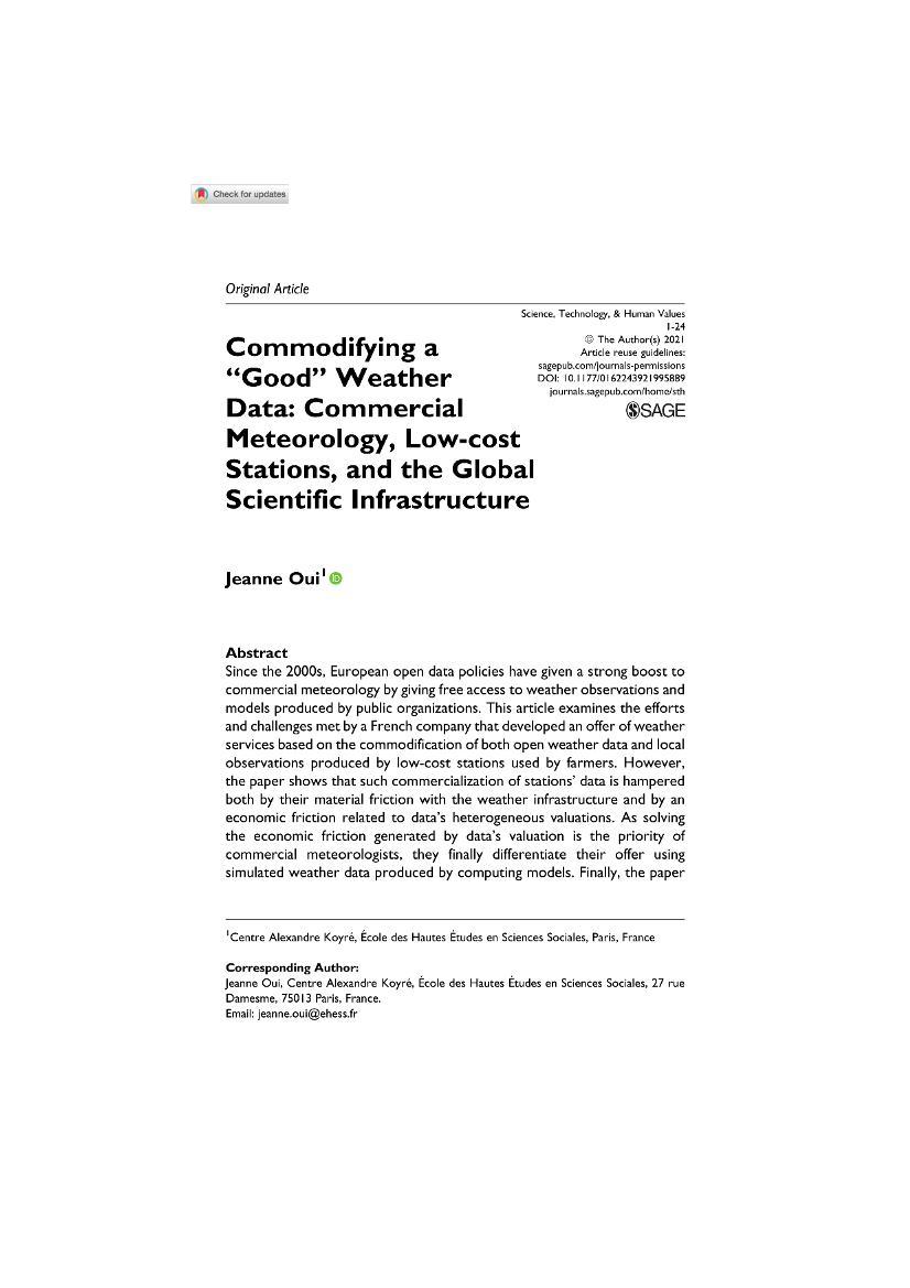 Commodifying a ��Good�� Weather Data_ Commercial Meteorology, Low-cost Stations, and the Global Scientific Infrastructure.pdf��1ҳ